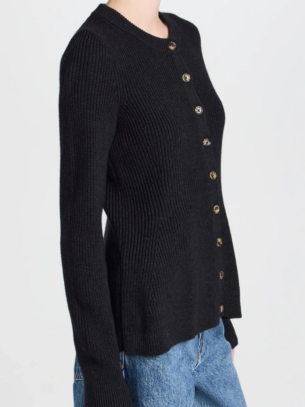 La Ligne Ribbed Flare Cardigan Sweater Peplum Navy Blue Medium - Picture 6 of 9